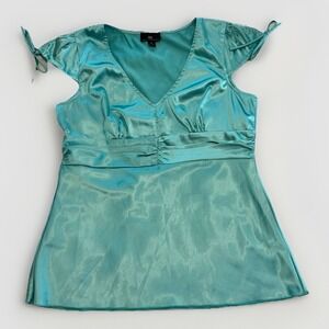 VTG Iz Byer California Women's Silky Aquamarine Babydoll Top-Cap Sleeve-XL-Y2K